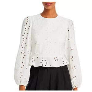 Aqua White Eyelet Peplum Long-Sleeve Blouse